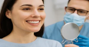 Picture of a a lady and a dentist talking about Psychological Benefits of Cosmetic Dentistry