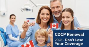 Smiling Canadian family holding dental card, for Canadian Dental Care Plan Renewal.