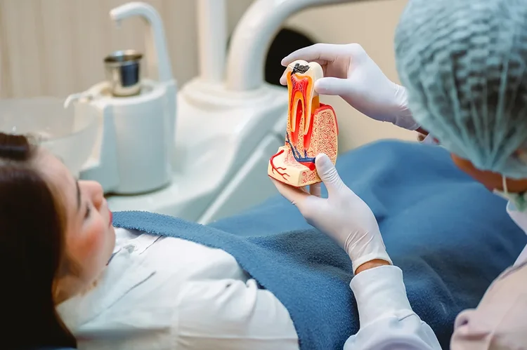 A dentist explaining the root canal therapy to a patient