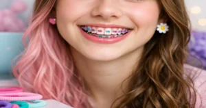 A picture of a girl with colorful braces